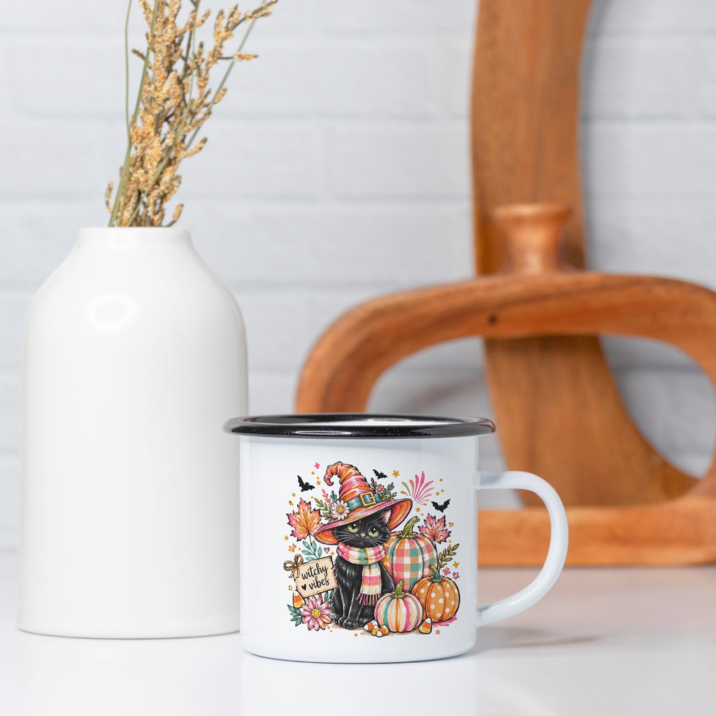 Cute Cat in Witch Hat Camp Mug 10 oz. (Black Rim)