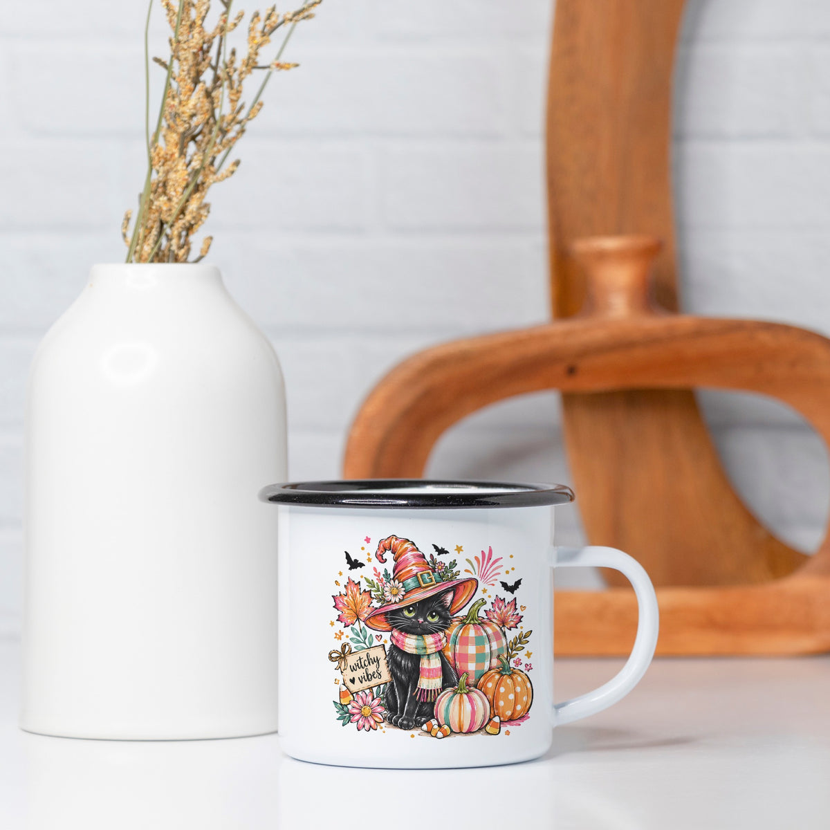 Cute Cat in Witch Hat Camp Mug 10 oz. (Black Rim)