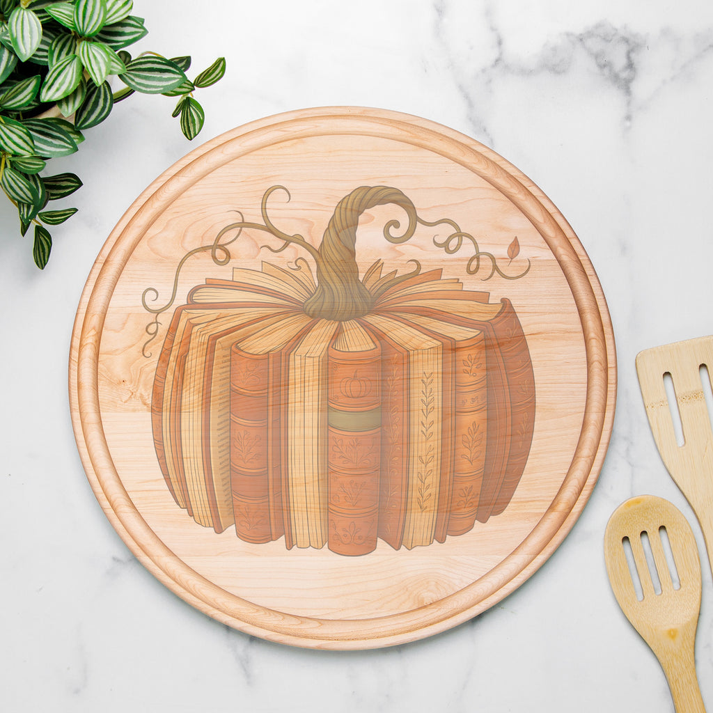 Pumpkin Book Round Charcuterie Board with Groove - 13.5” x 13.5”