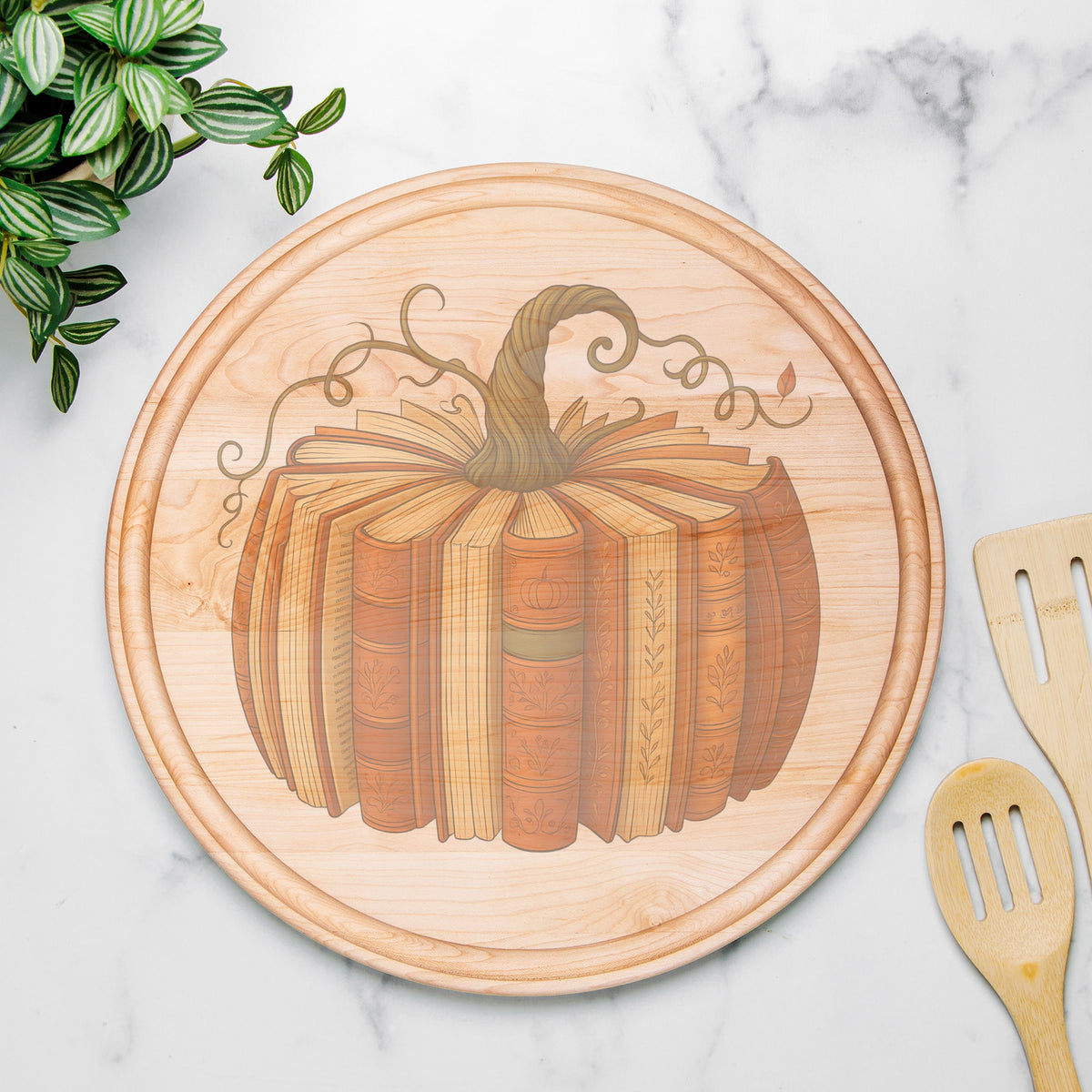 Pumpkin Book Round Charcuterie Board with Groove - 13.5” x 13.5”