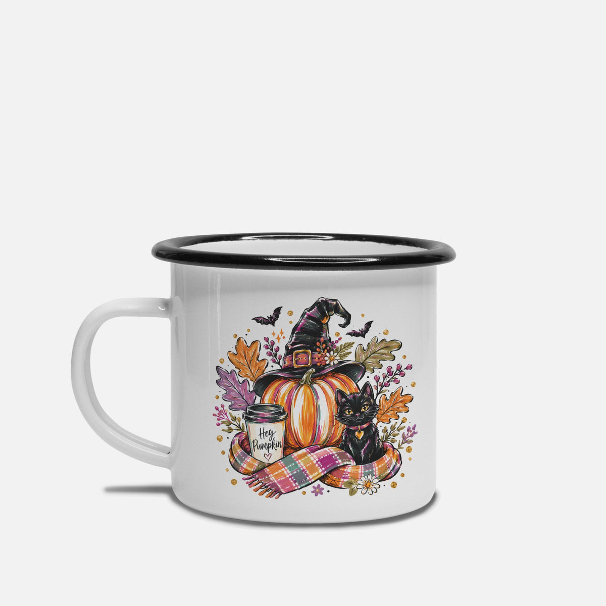 Cute Cat in Witch Hat Camp Mug 10 oz. (Black Rim)