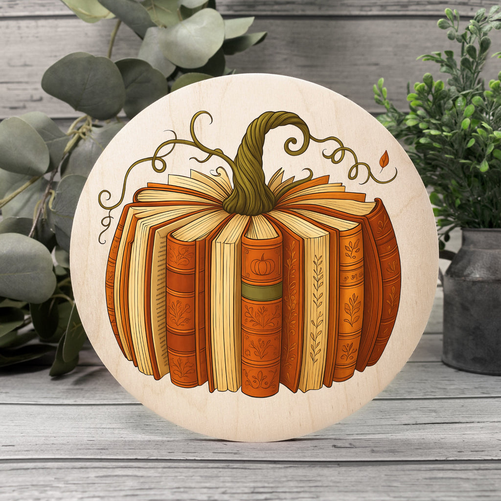 Pumpkin Book Wood Sign 8" (Round)