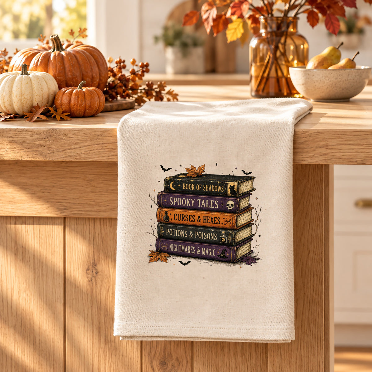 Stacked Books Organic Cotton Tea Towel Flour Sack, (Embroidery)