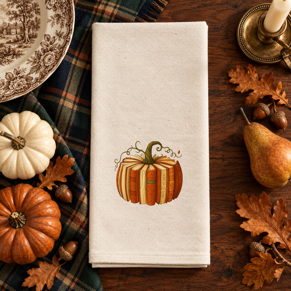 Book Pumpkin Organic Cotton Tea Towel Flour Sack, (Embroidery)