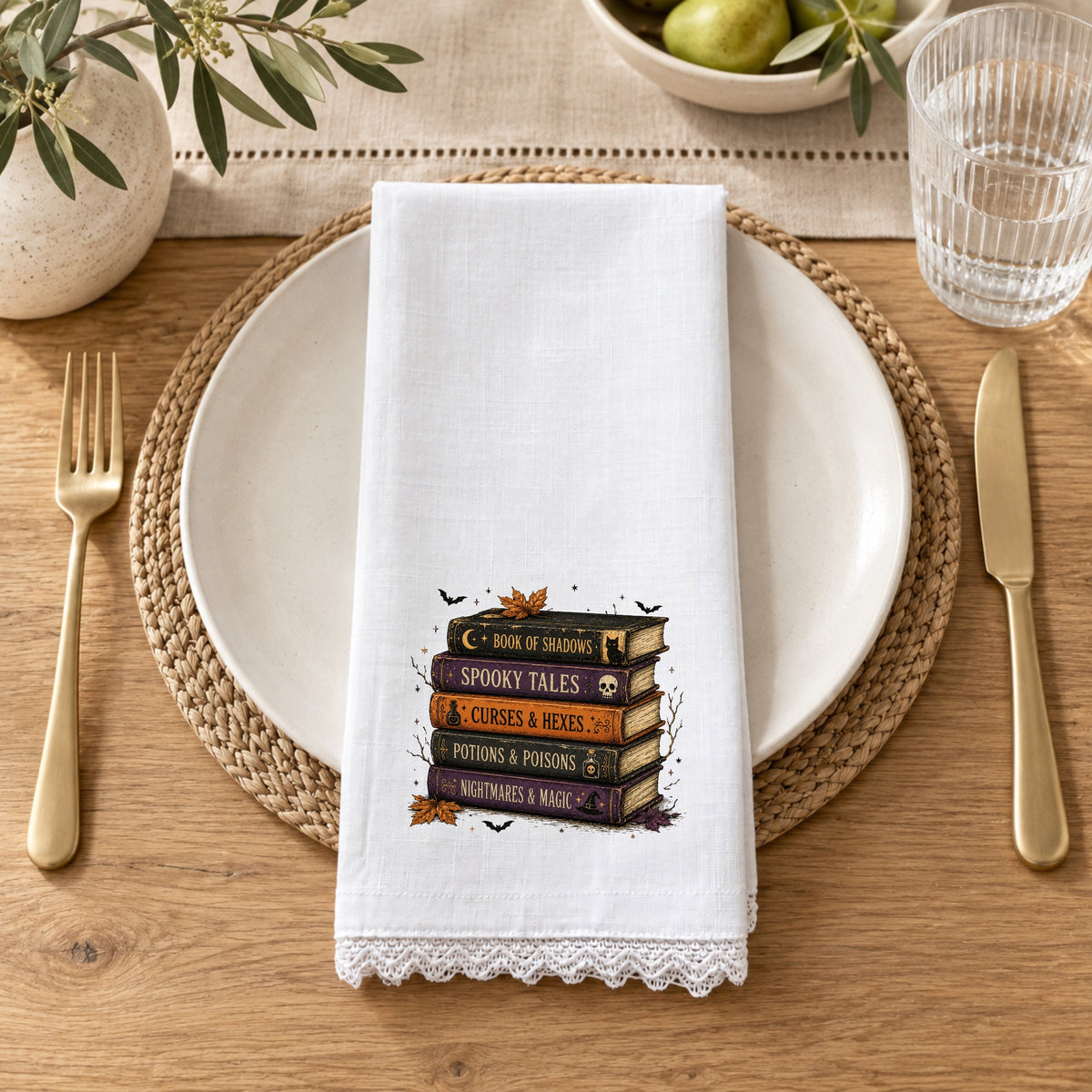 20” Stacked Books Lace Edge Napkin (Embroidery)