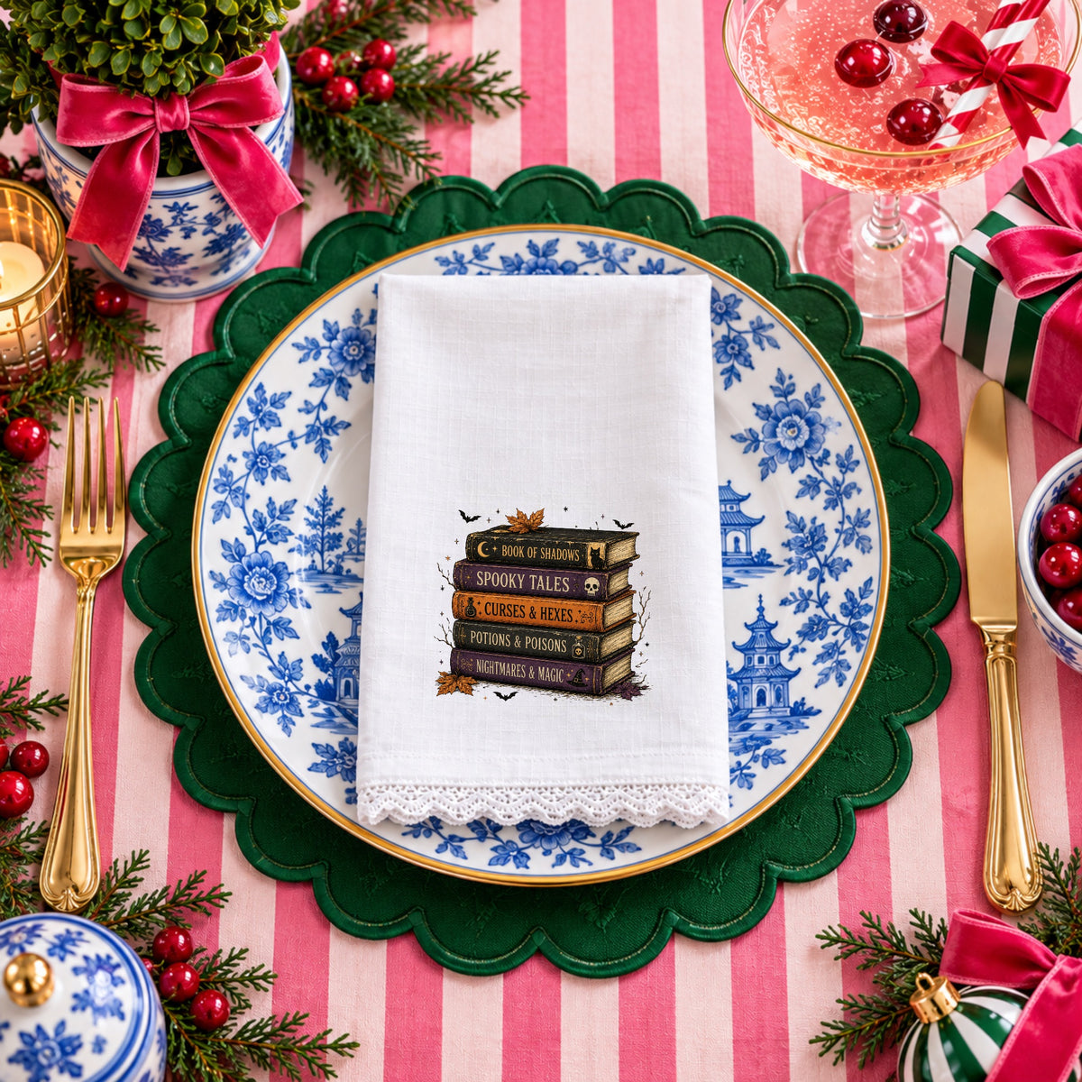 20” Stacked Books Lace Edge Napkin (Embroidery)