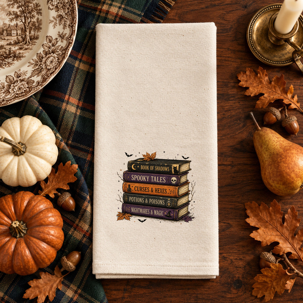 Stacked Books Organic Cotton Tea Towel Flour Sack, (Embroidery)