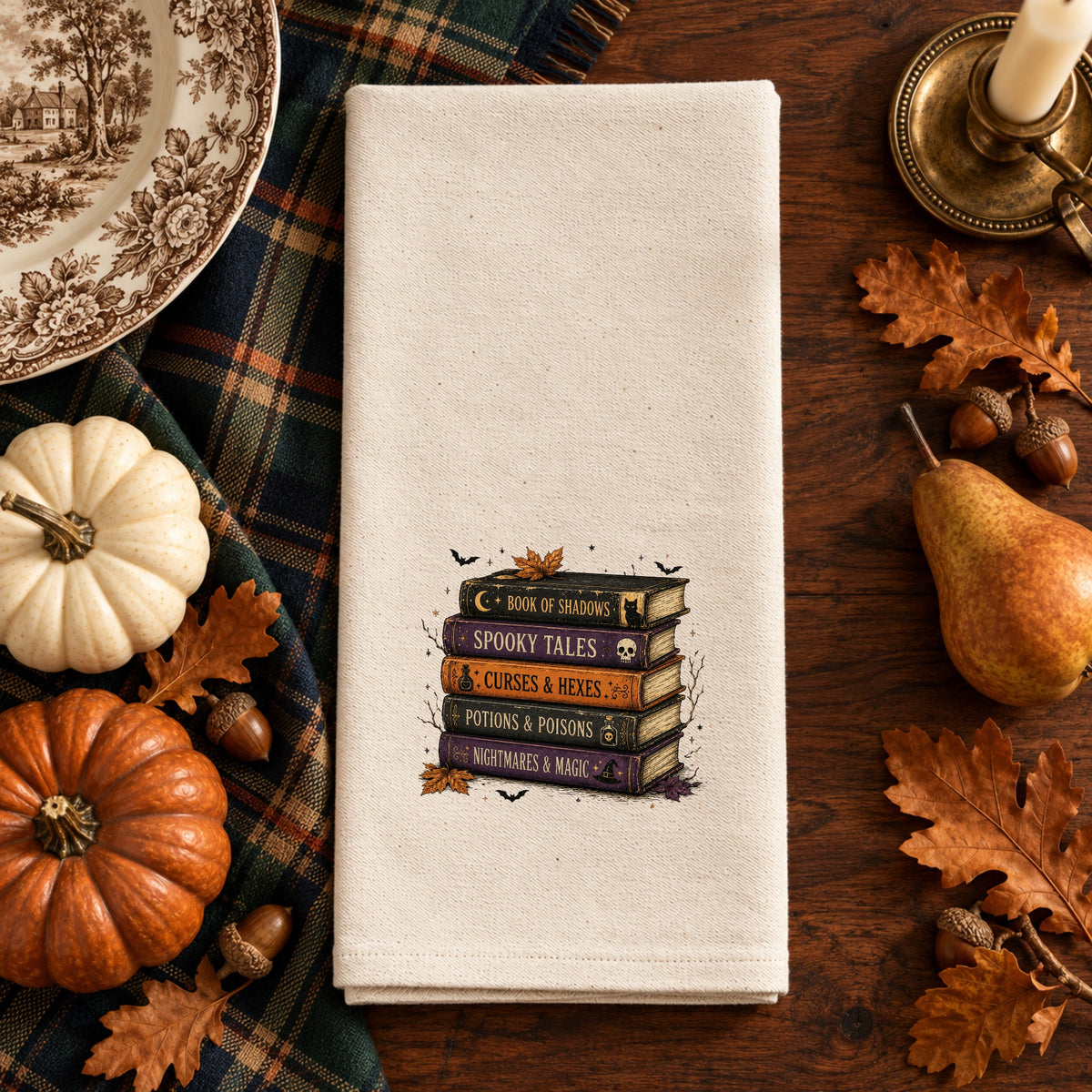 Stacked Books Organic Cotton Tea Towel Flour Sack, (Embroidery)