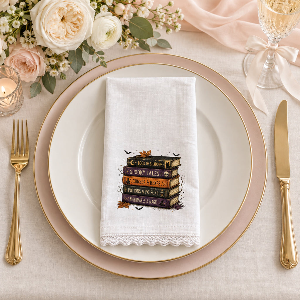20” Stacked Books Lace Edge Napkin (Embroidery)