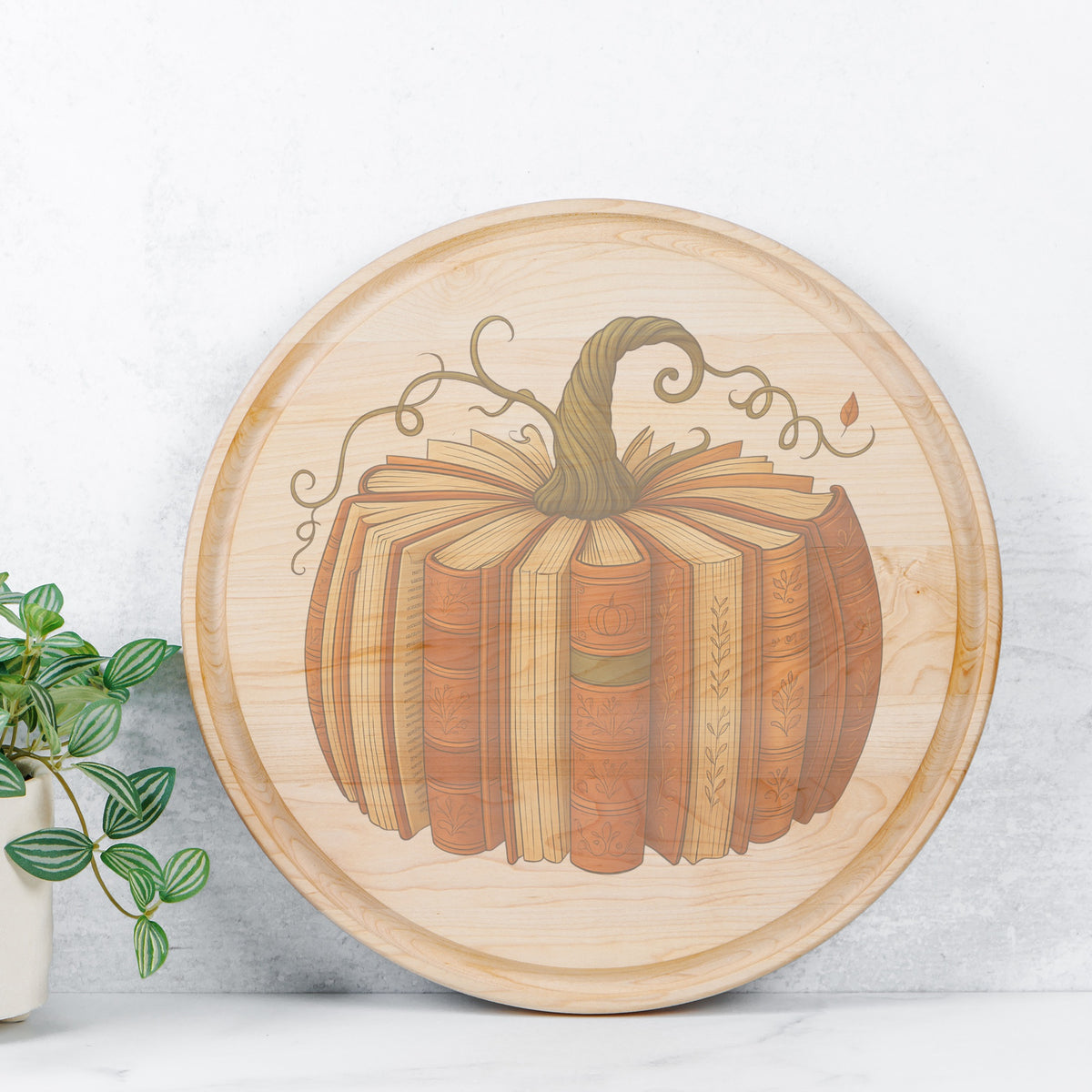 Pumpkin Book Round Charcuterie Board with Groove - 13.5” x 13.5”