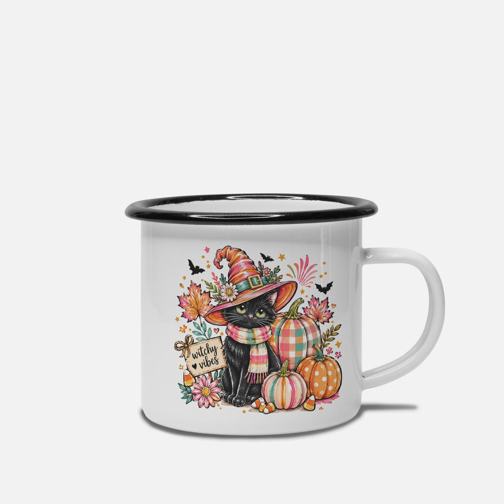 Cute Cat in Witch Hat Camp Mug 10 oz. (Black Rim)