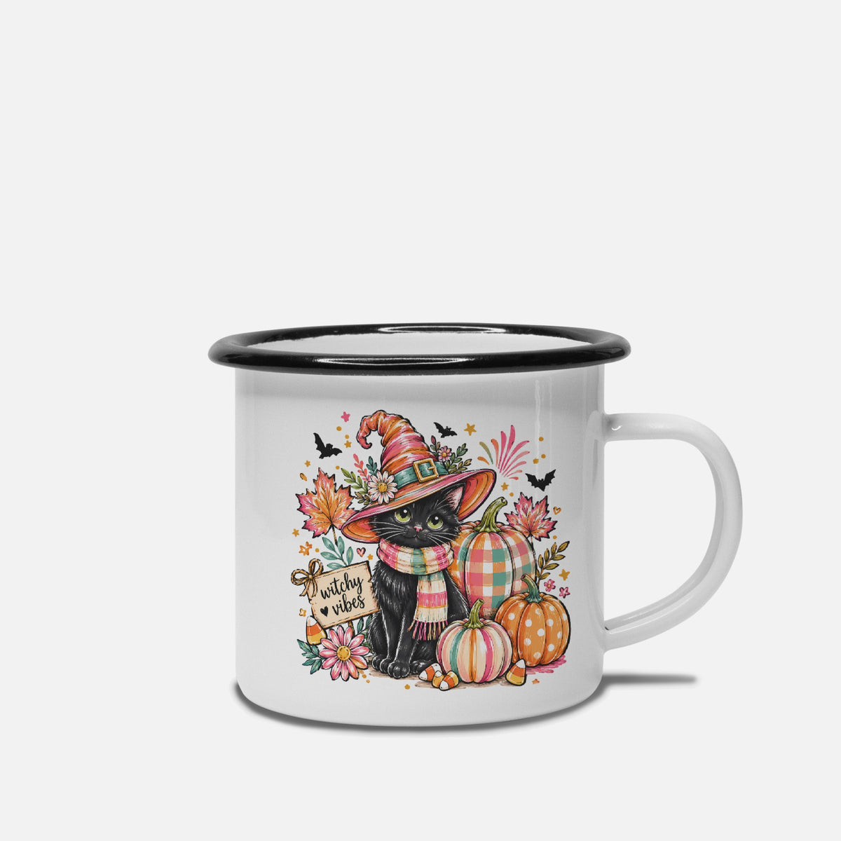 Cute Cat in Witch Hat Camp Mug 10 oz. (Black Rim)