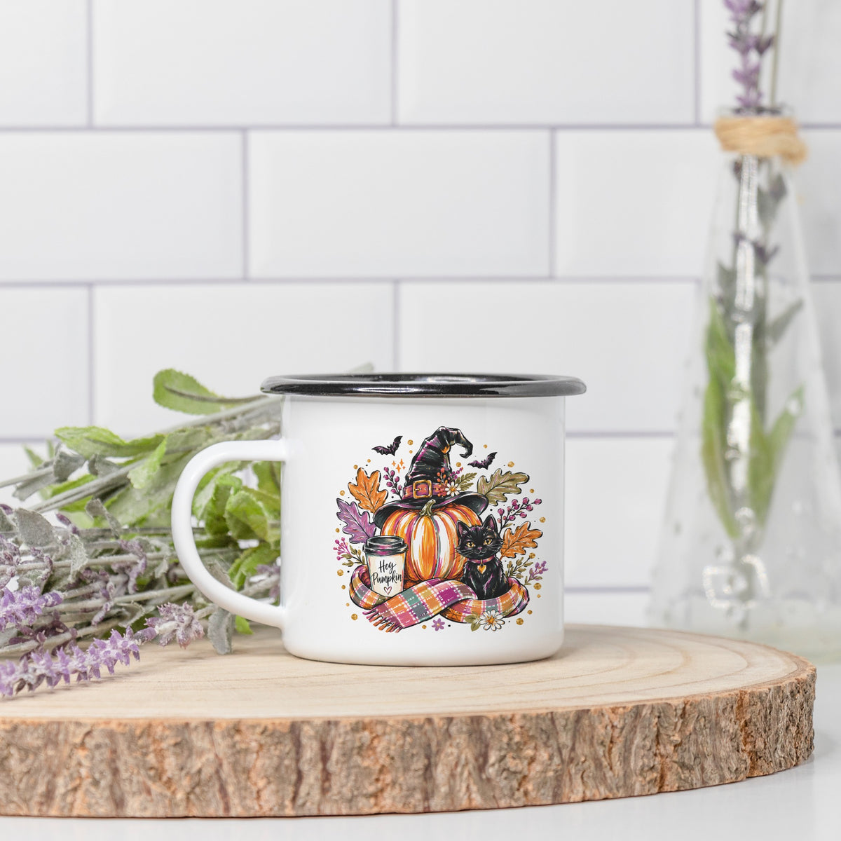 Cute Cat in Witch Hat Camp Mug 10 oz. (Black Rim)