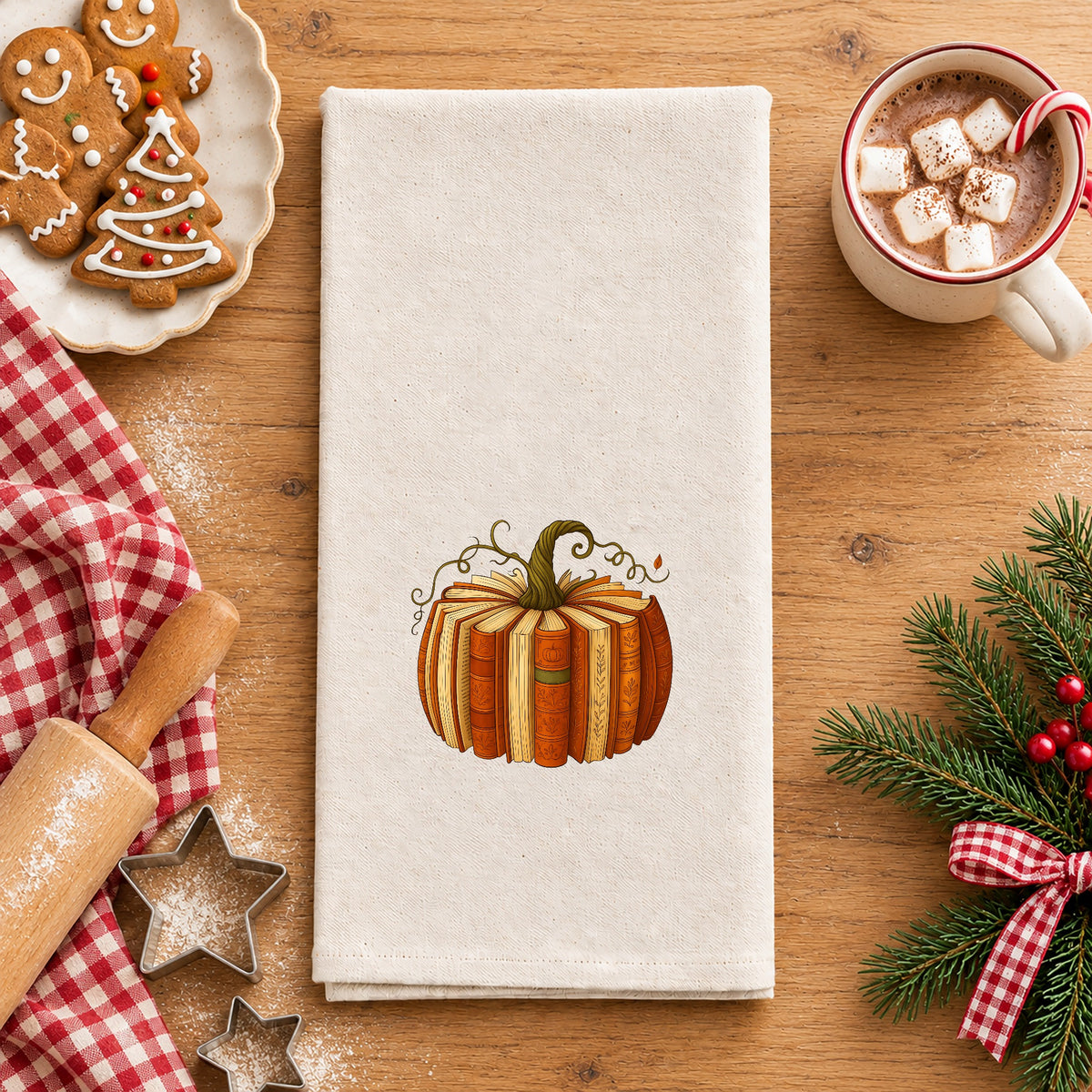 Book Pumpkin Organic Cotton Tea Towel Flour Sack, (Embroidery)