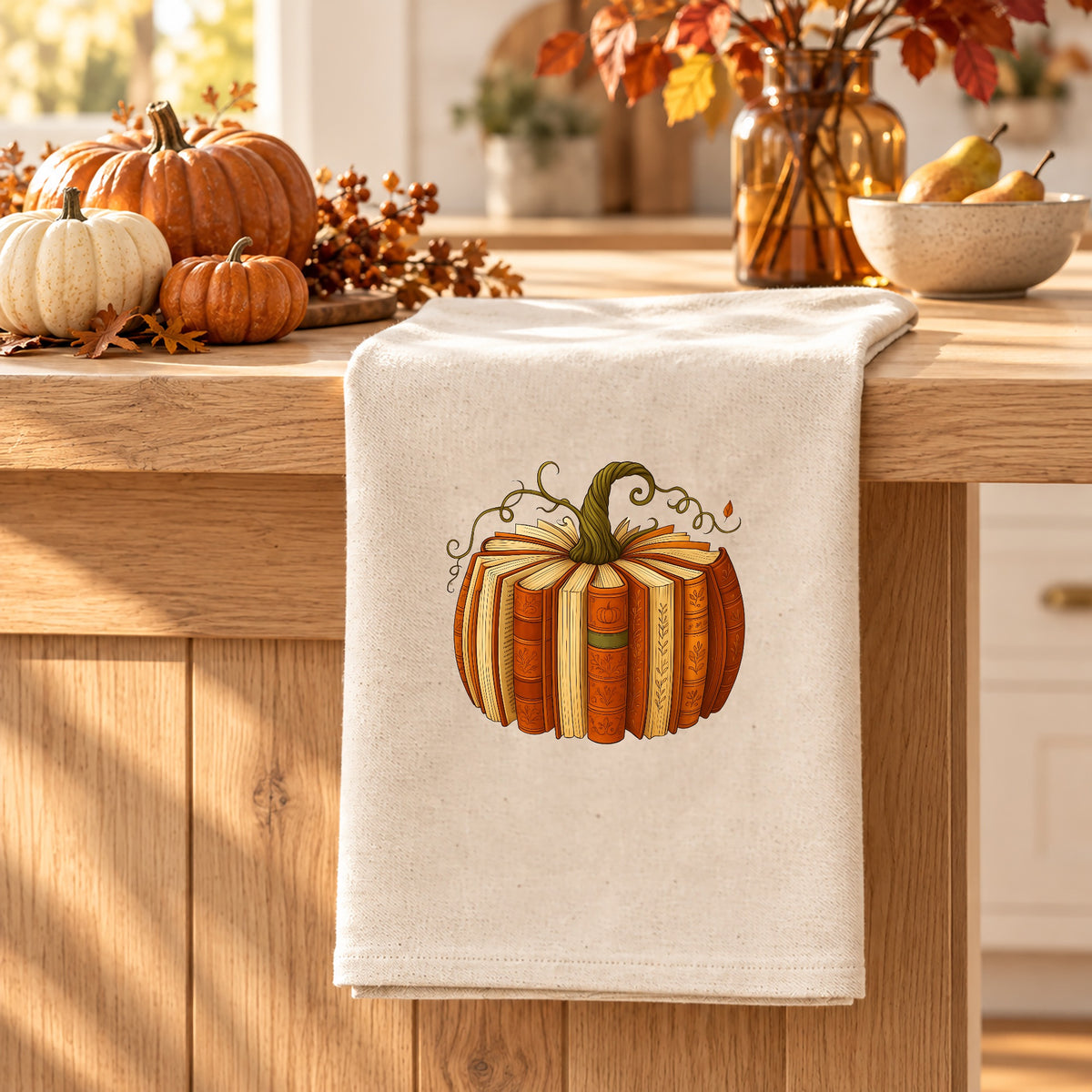 Book Pumpkin Organic Cotton Tea Towel Flour Sack, (Embroidery)