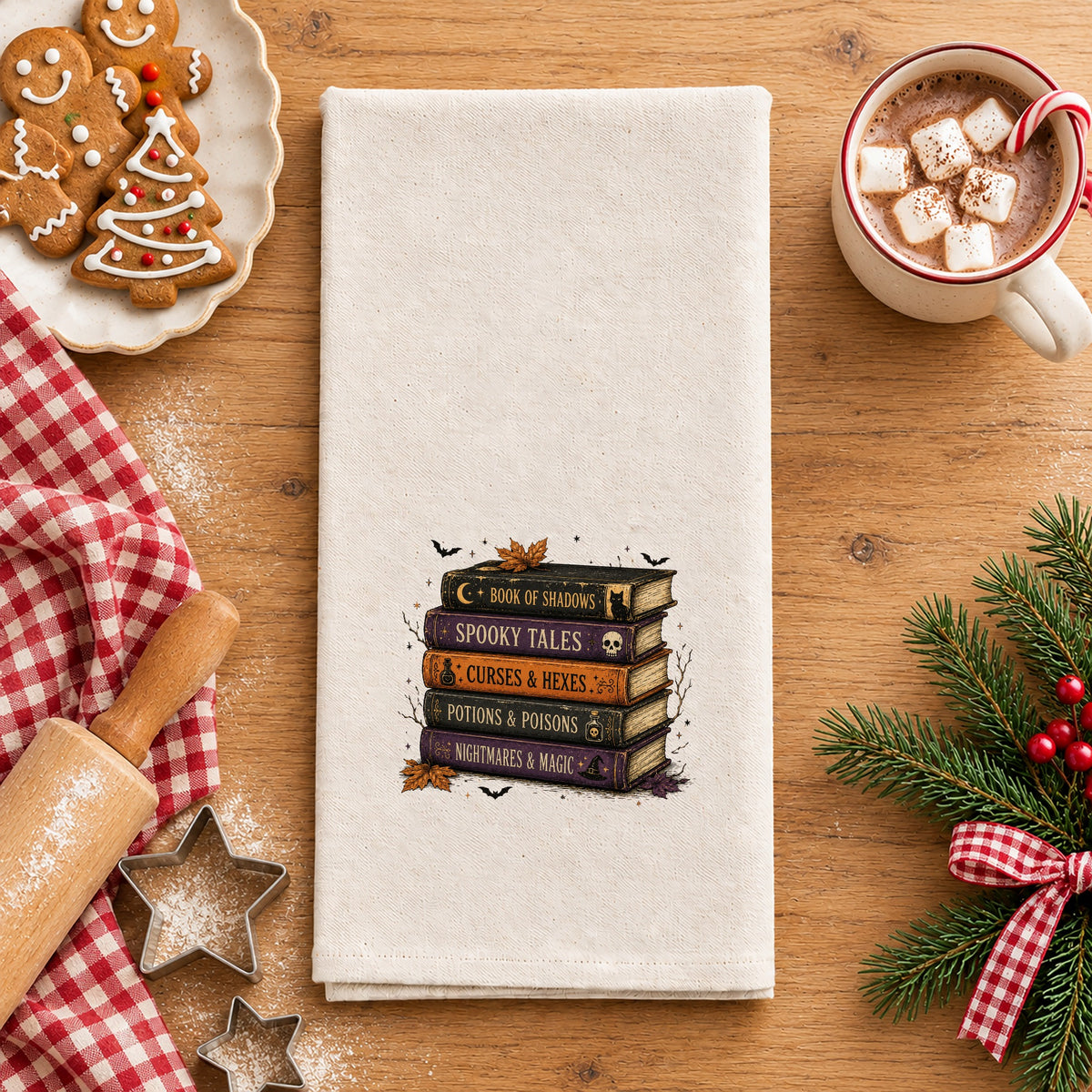 Stacked Books Organic Cotton Tea Towel Flour Sack, (Embroidery)
